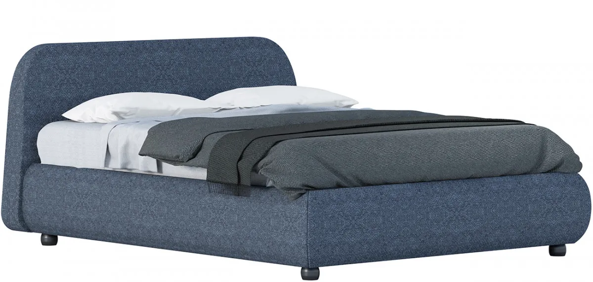 Letto Kora Cinquanta3 in tessuto blu con testiera arrotondata, foto scontornata