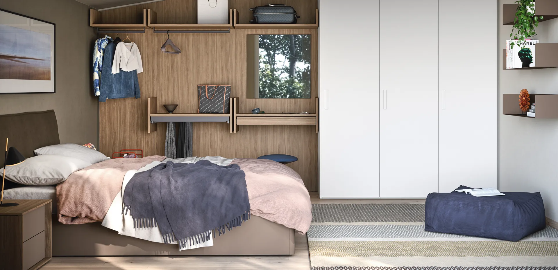 Letto Lagos Cinquanta3 con testiera imbottita in camera con parete attrezzata in legno