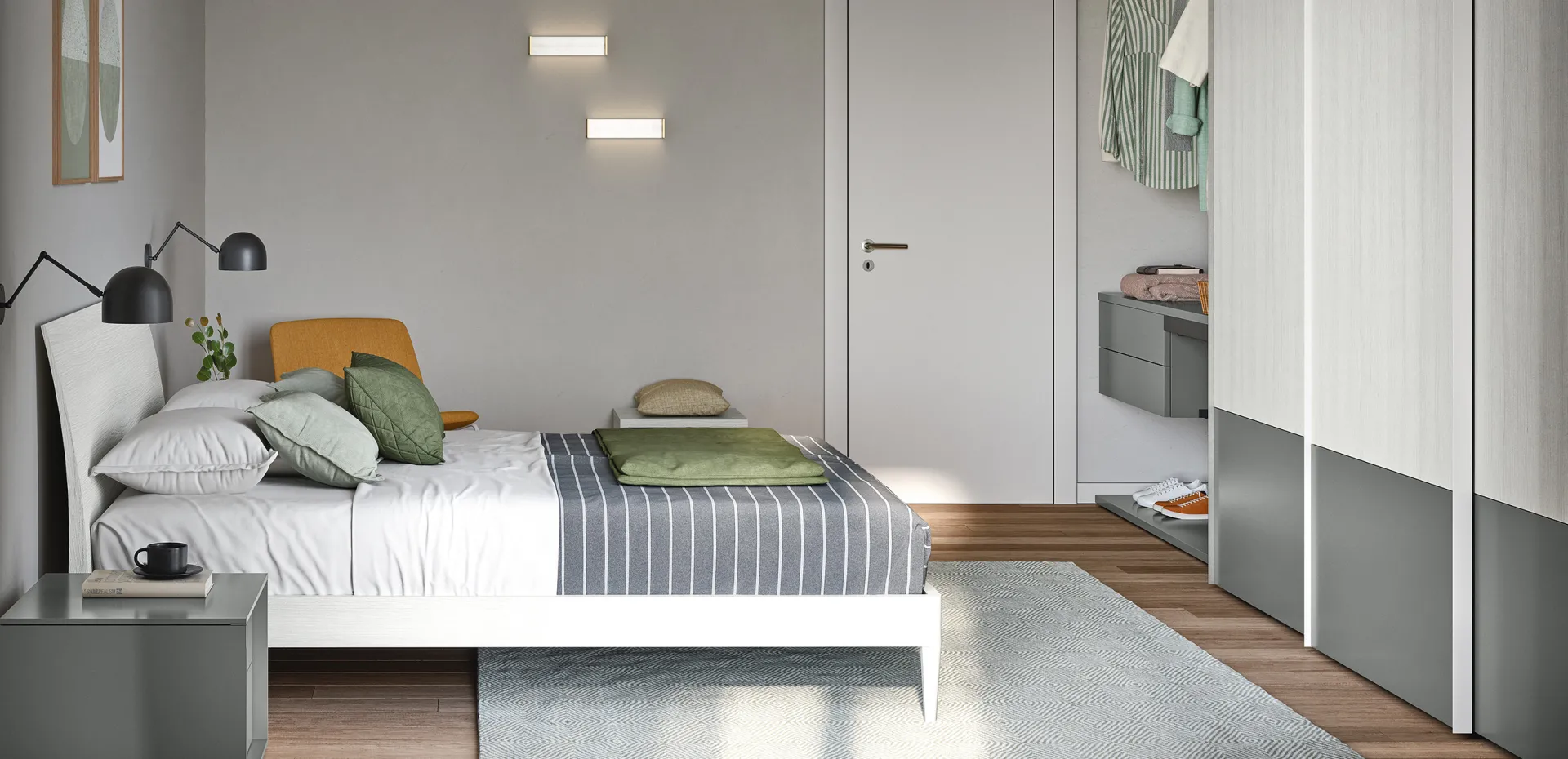 Letto Mostar Cinquanta3 bianco in camera con armadio scorrevole grigio e bianco