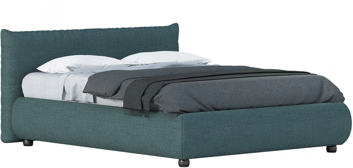 Letto Thika Cinquanta3 in tessuto petrolio con testiera a cuscino, foto scontornata