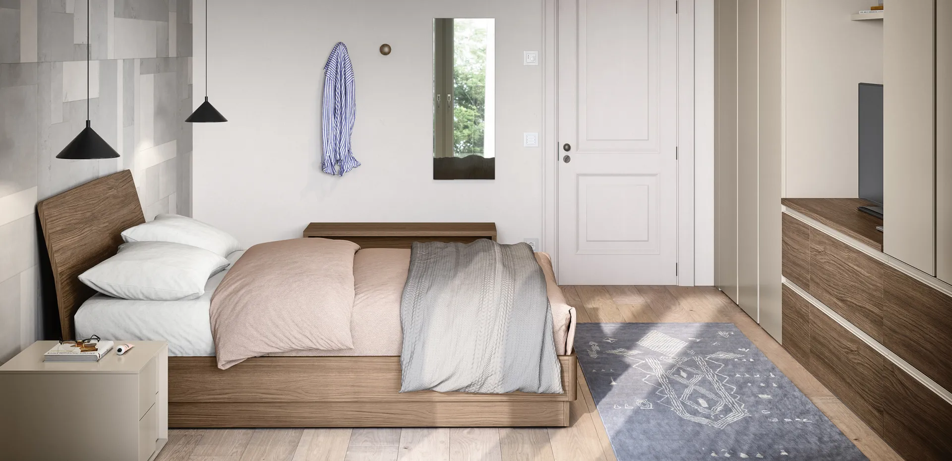 Letto Zurigo Cinquanta3 in noce in camera con comò e lampade a sospensione