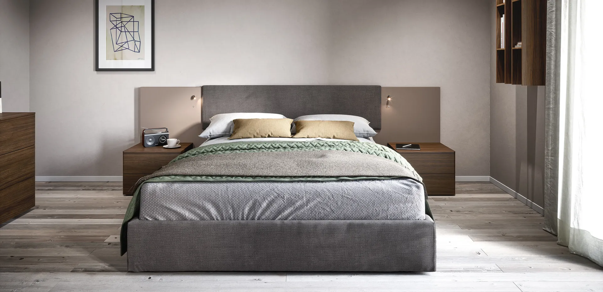 Testiera a muro Cardiff Cinquanta3 con copritestiera grigio e comodini sospesi