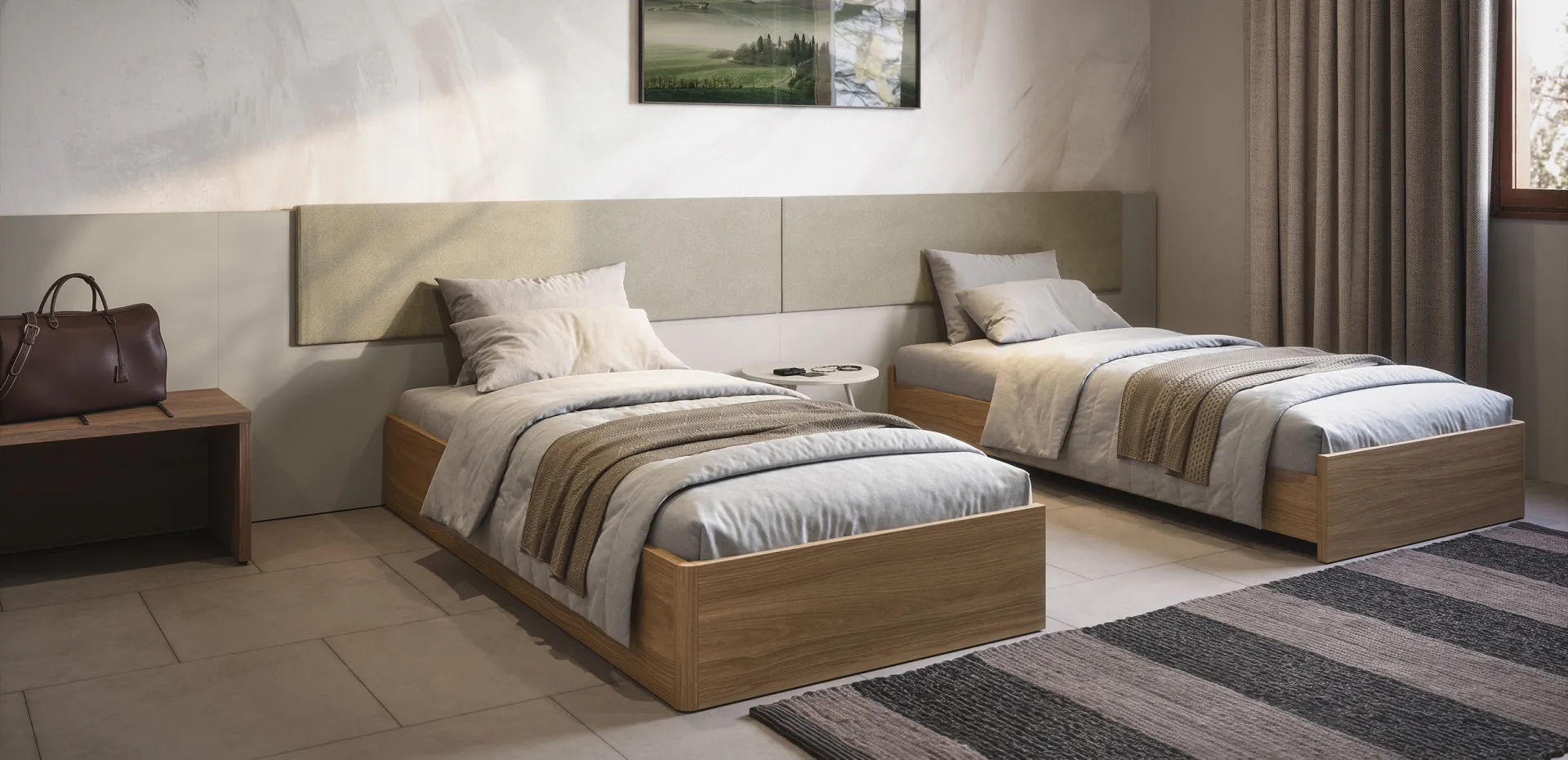 Testiera Cardiff Cinquanta3 imbottita beige con due letti singoli in noce