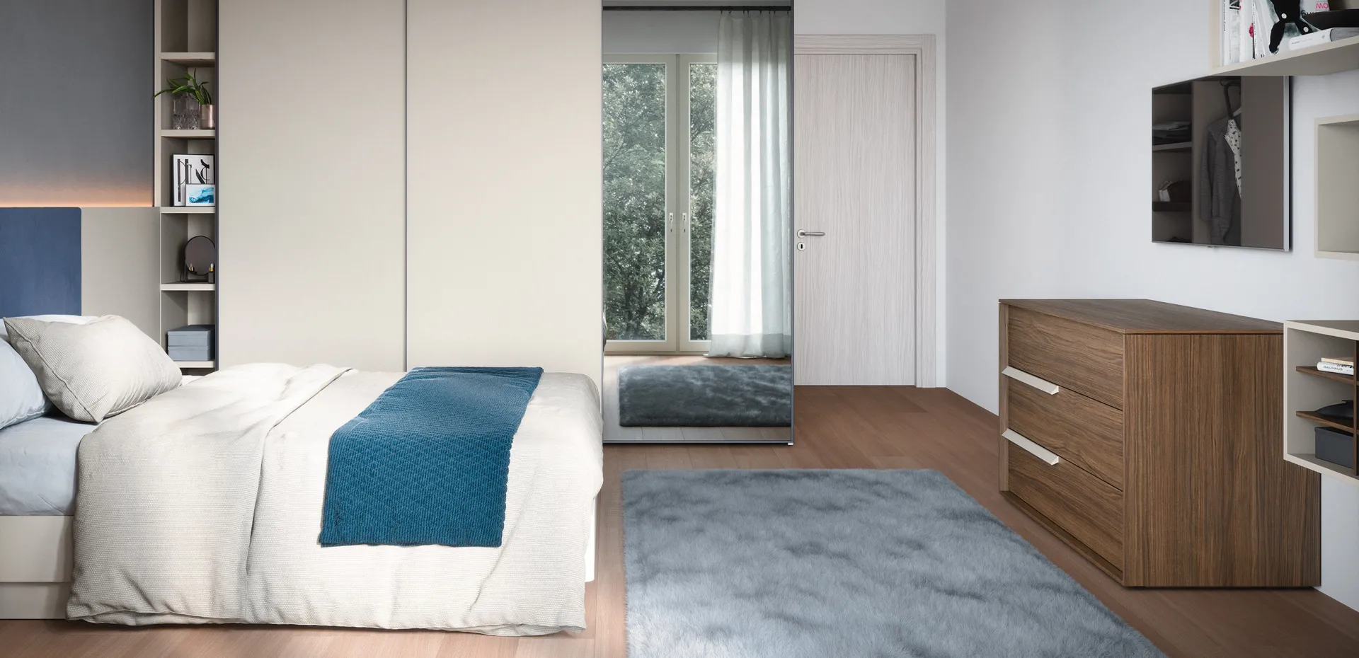 Comò Bonn Cinquanta3 in noce in camera luminosa con letto e armadio