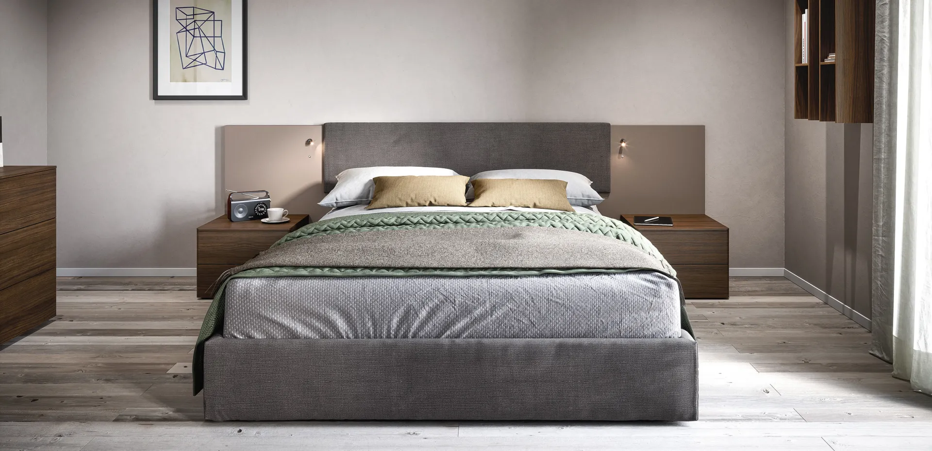 Comodini Londra Cinquanta3 in noce ai lati di un letto imbottito grigio