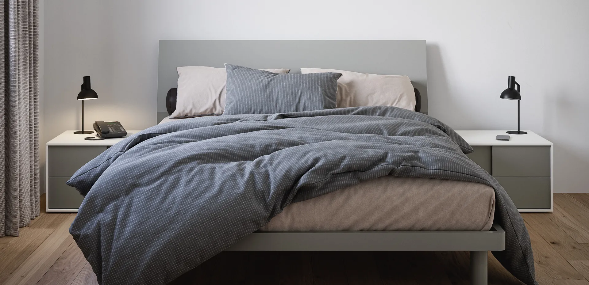 Comodini Parigi Cinquanta3 grigi ai lati di un letto con testiera grigia