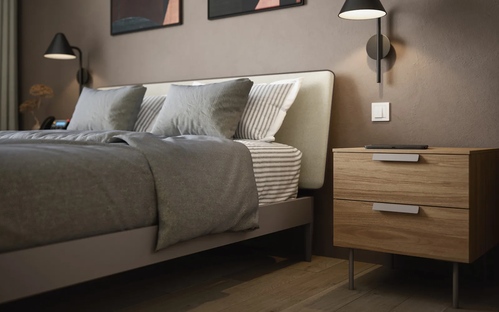 Comodino Praga Cinquanta3 in noce su gambe in metallo accanto al letto