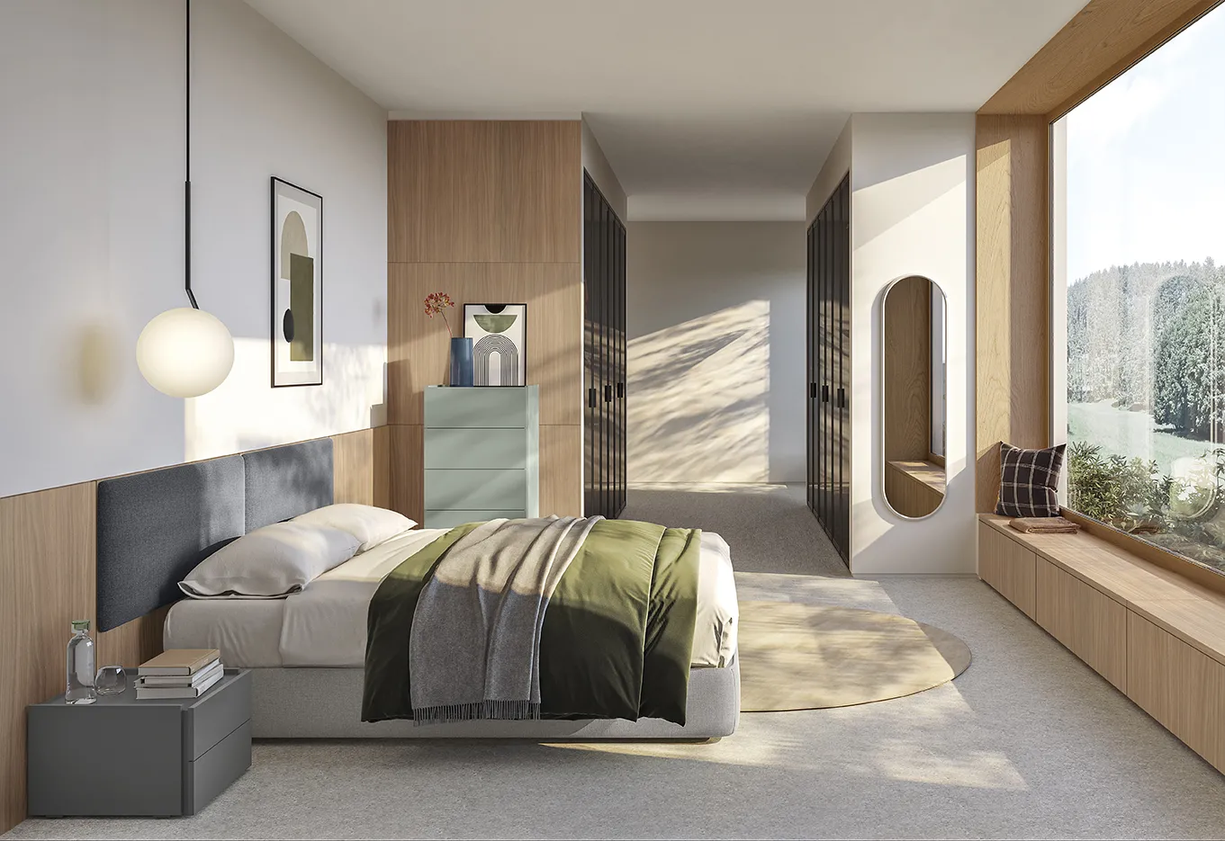 Letto con boiserie Darsena Colombini con pannello antracite su fascia in legno di rovere
