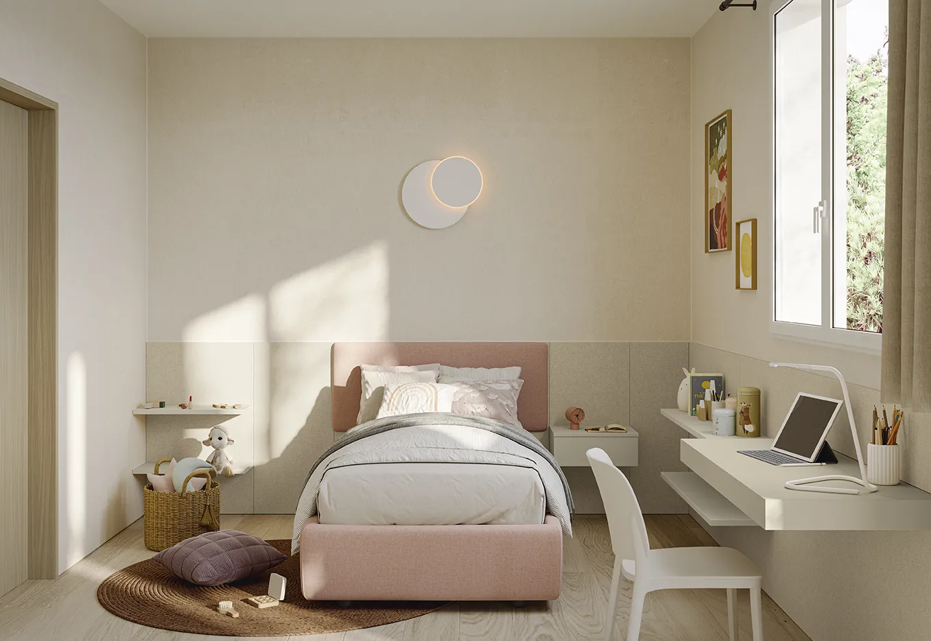 Letto singolo Darsena Colombini rosa cipria in una cameretta con scrivania sospesa