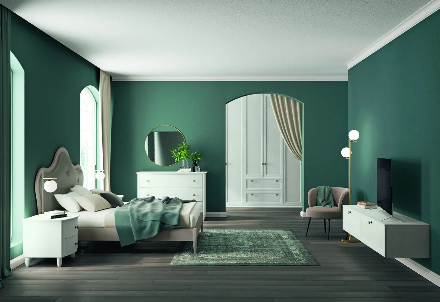 Letto classico Iris Colombini con testata imbottita grigia dal profilo mosso in una camera verde