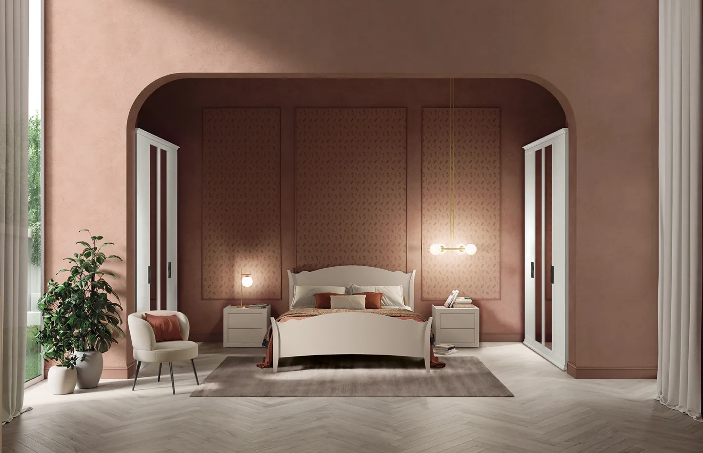 Letto classico Rainbow Colombini panna con pediera ondulata in una camera terracotta