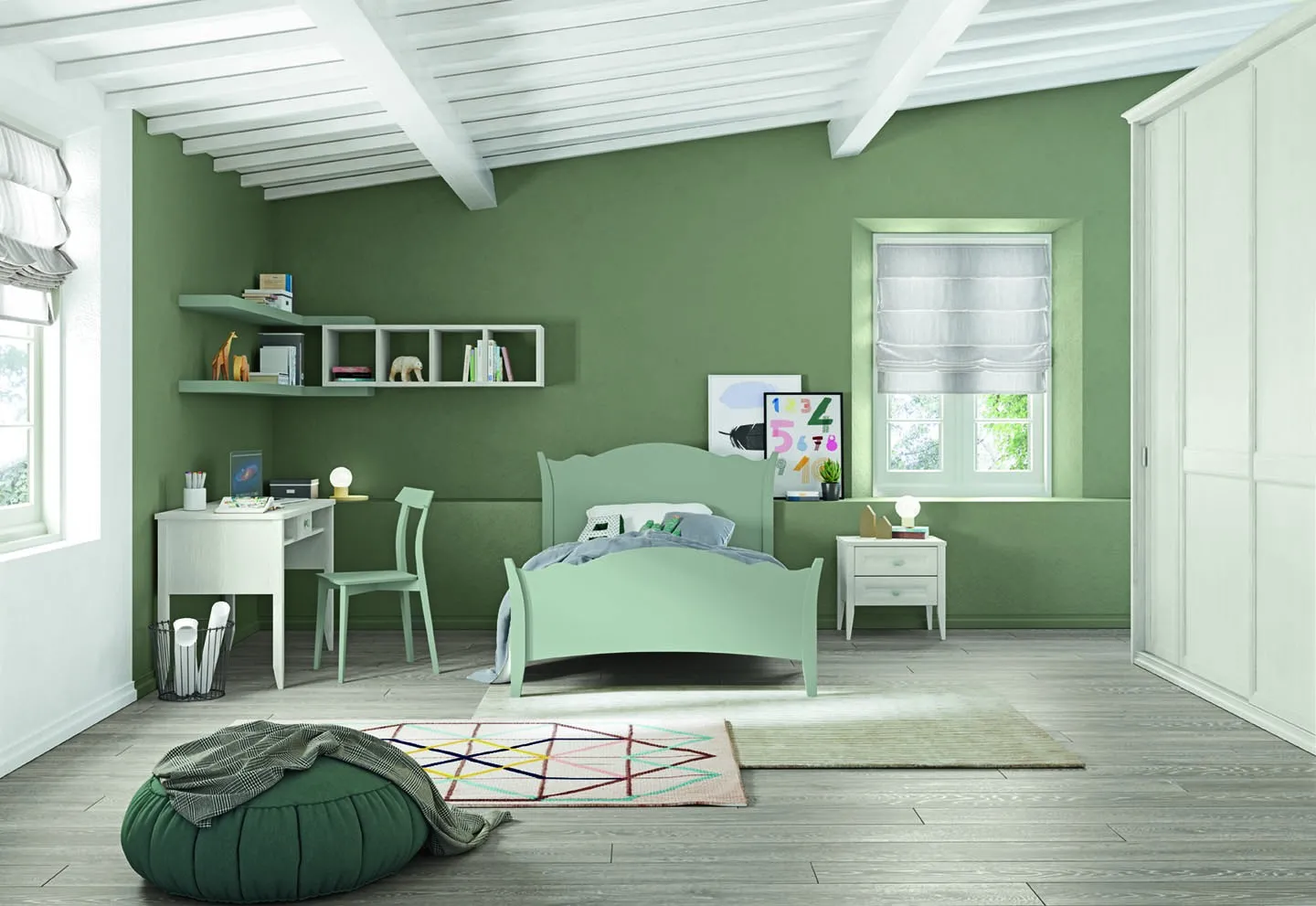 Letto singolo Rainbow Colombini verde salvia in una cameretta con travi bianche