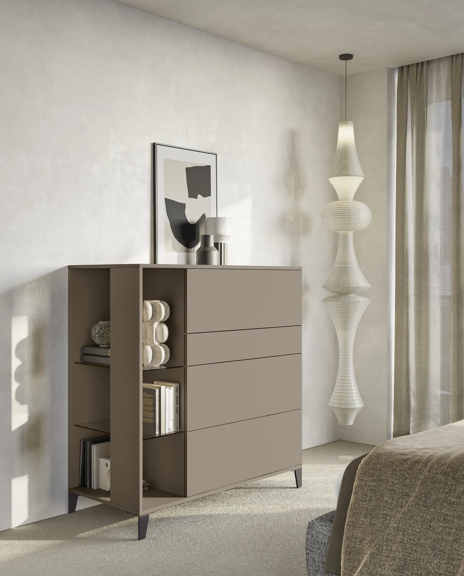 Cassettiera Hive Colombini tortora su gambe con vano a giorno laterale e quattro cassetti