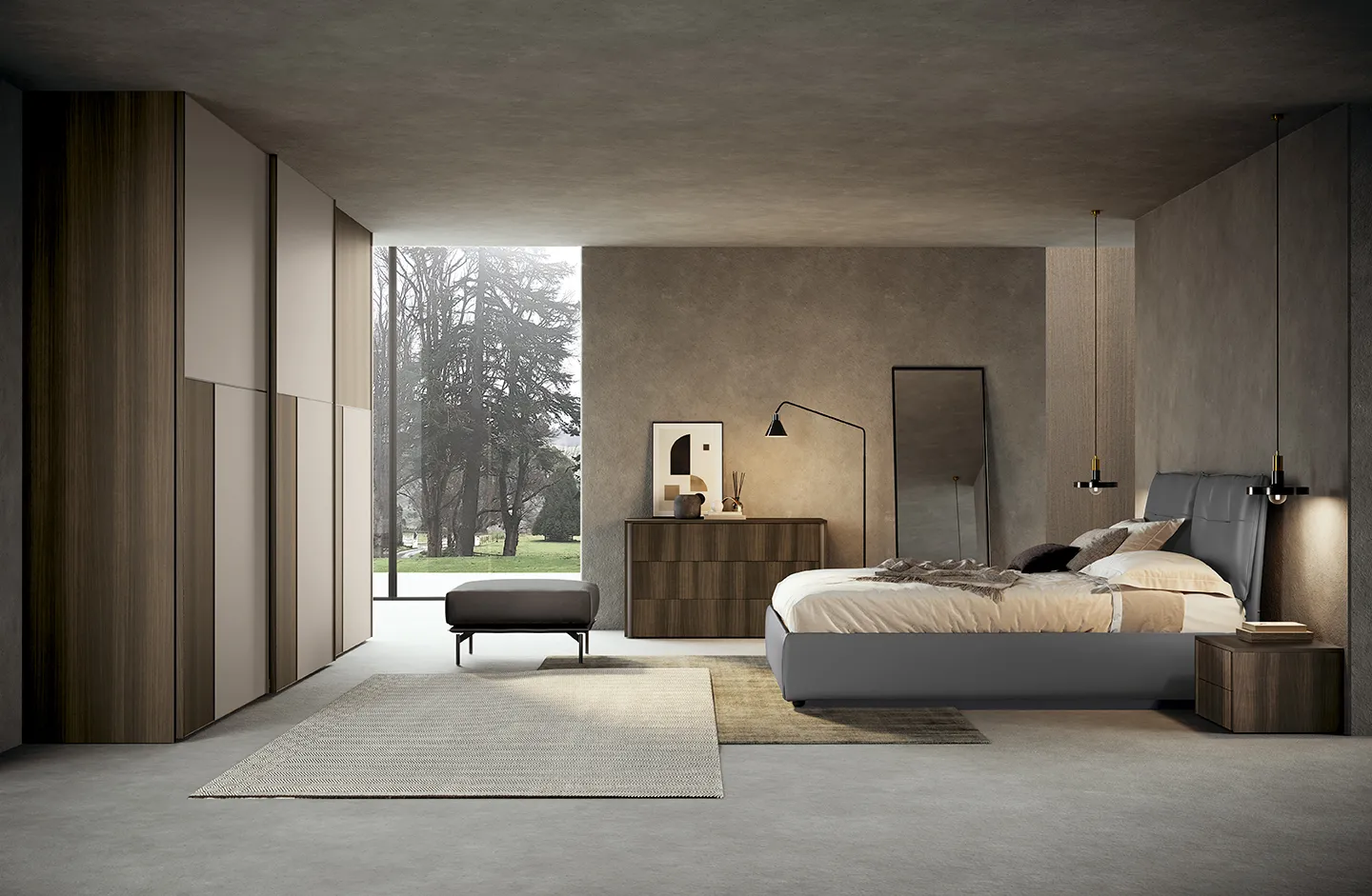Camera Night & Day N121 Colombini con comò Chic in legno scuro e letto imbottito