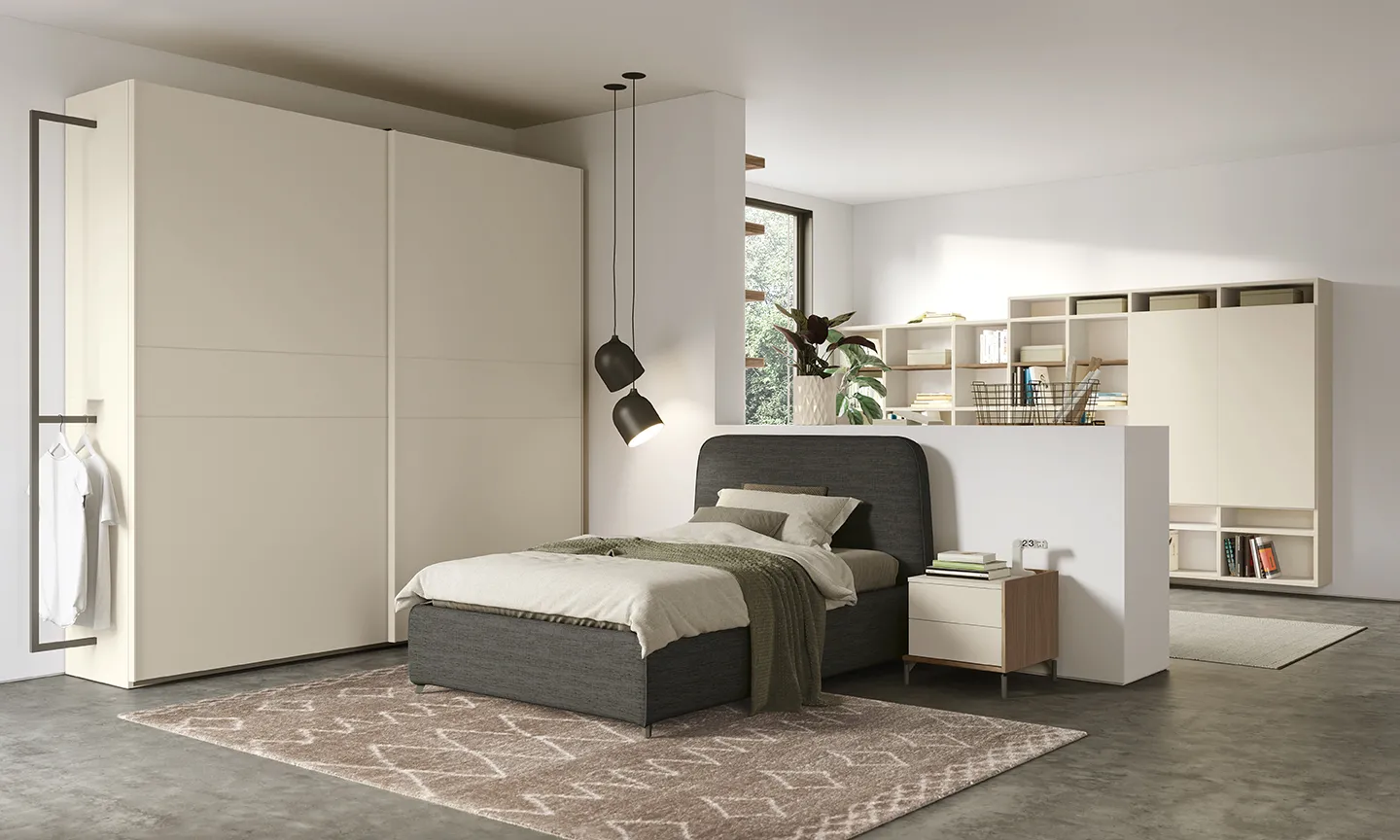 Camera ragazzi Golf Young Y04 Colombini con comodino Bold accanto a un letto grigio
