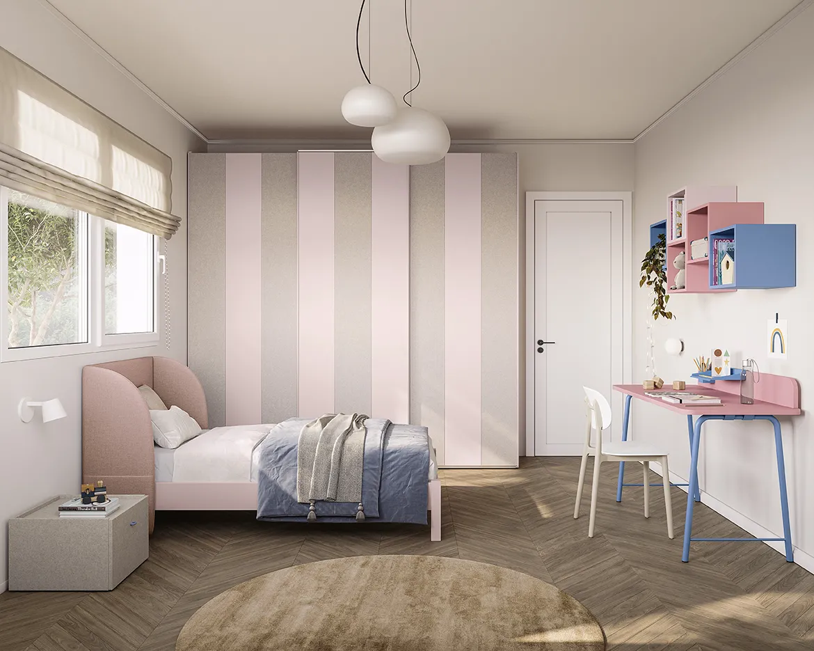 Cameretta Golf Kids K115 Colombini con armadio a righe rosa e mobili Brick