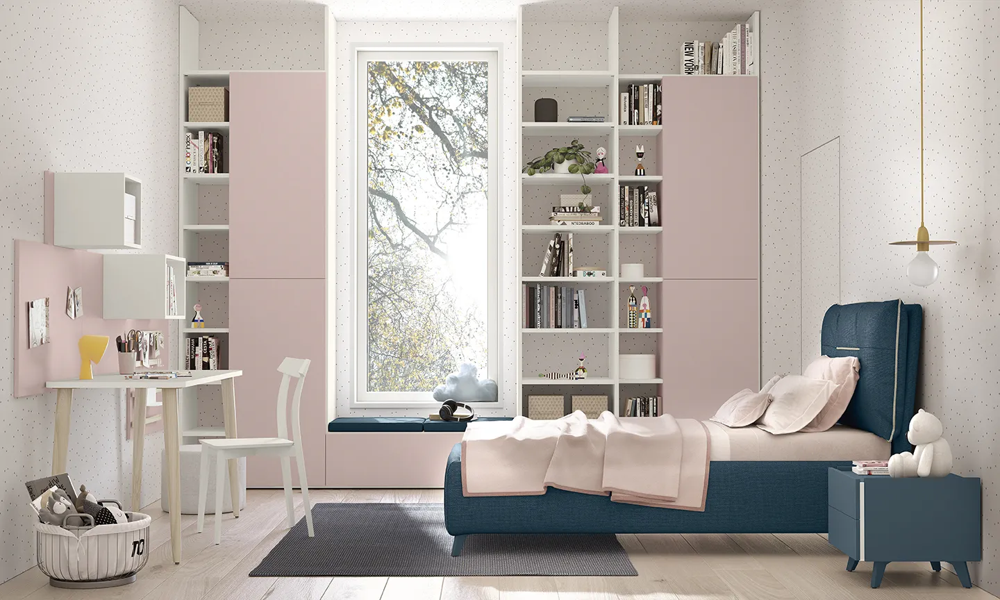 Cameretta Golf Kids K114 Colombini con contenitori Tower, librerie e armadi rosa