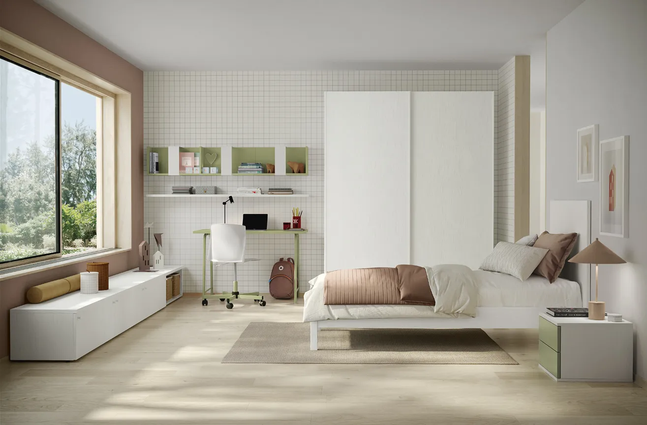 Cameretta Volo Kids C011 Colombini con letto bianco, mensole e armadio scorrevole