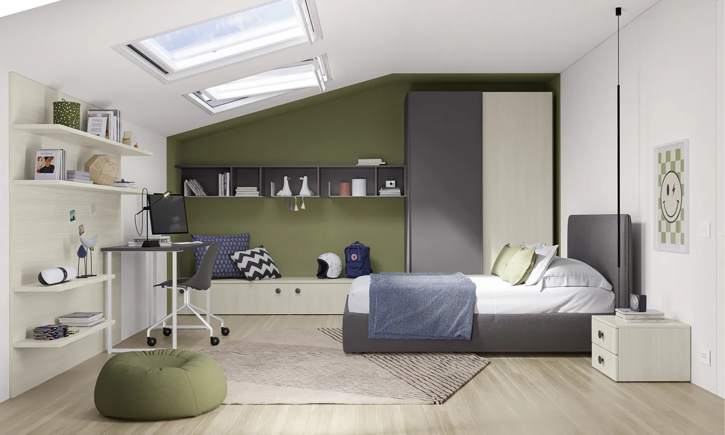 Cameretta mansardata Volo Kids C010 Colombini con comodino Master accanto al letto