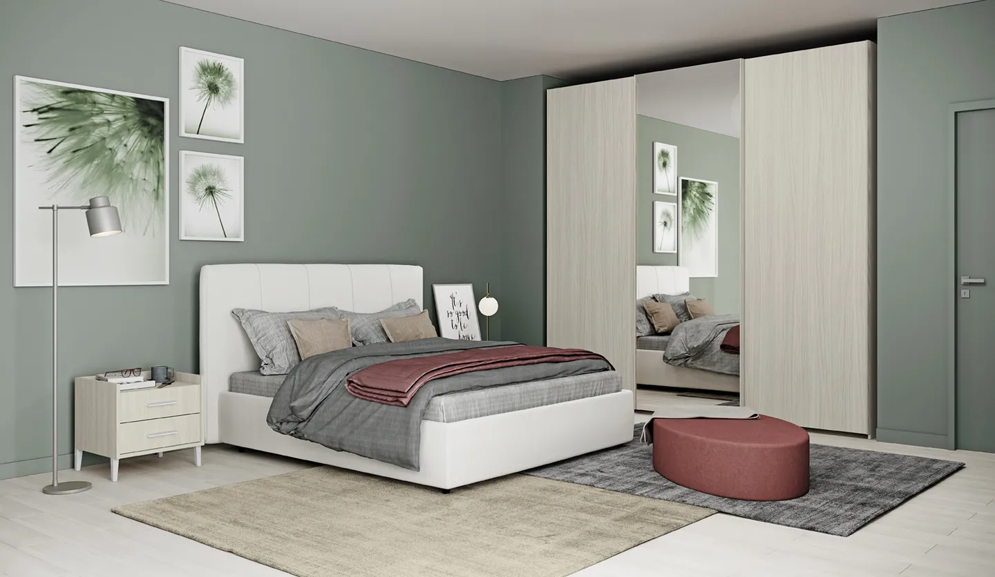 Camera Volo A002 Colombini con letto bianco, armadio a specchio e comodino Tray