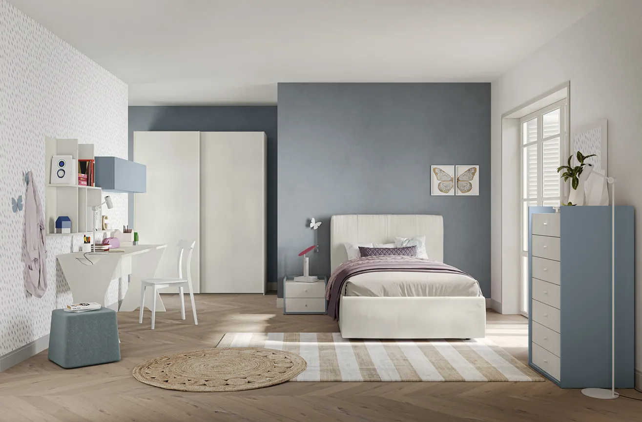 Cameretta Volo Kids C021 Colombini con letto singolo e cassettiera azzurra
