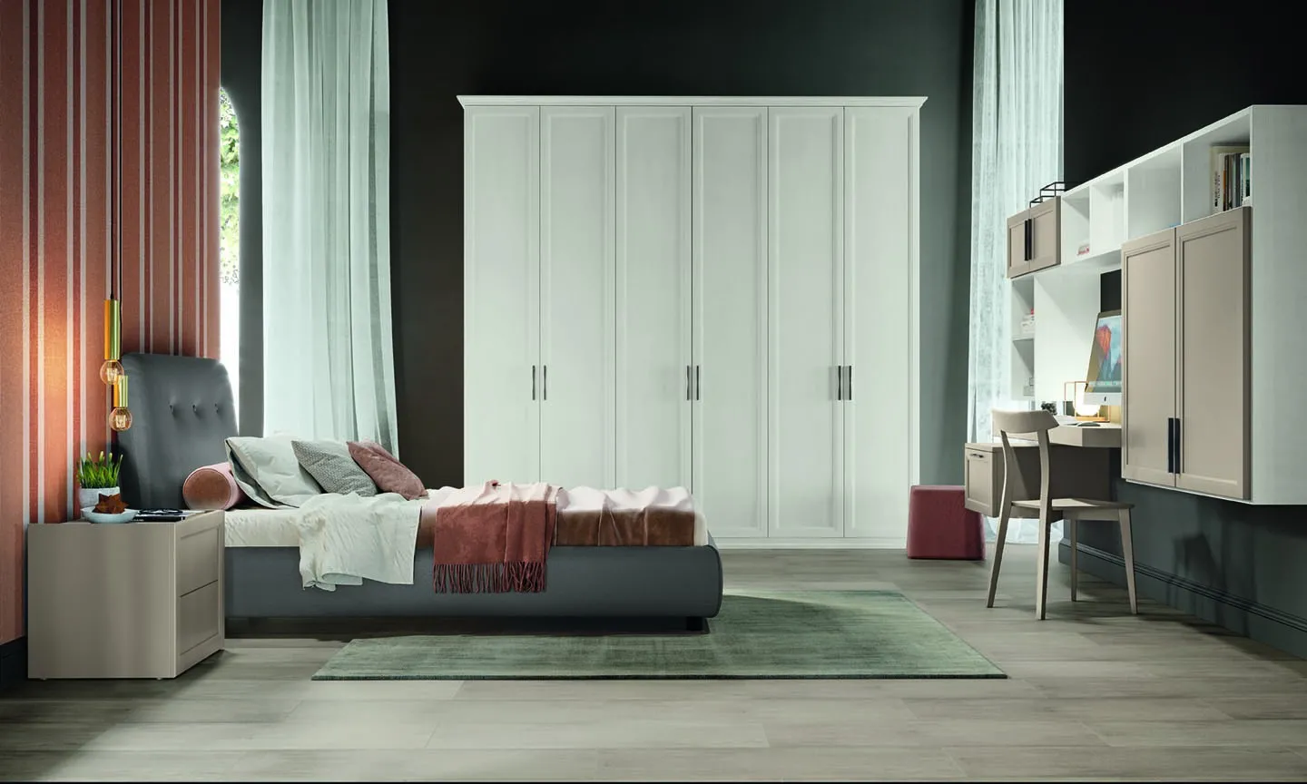 Cameretta Arcadia AC016 Colombini con letto singolo e mobili Solid bianchi