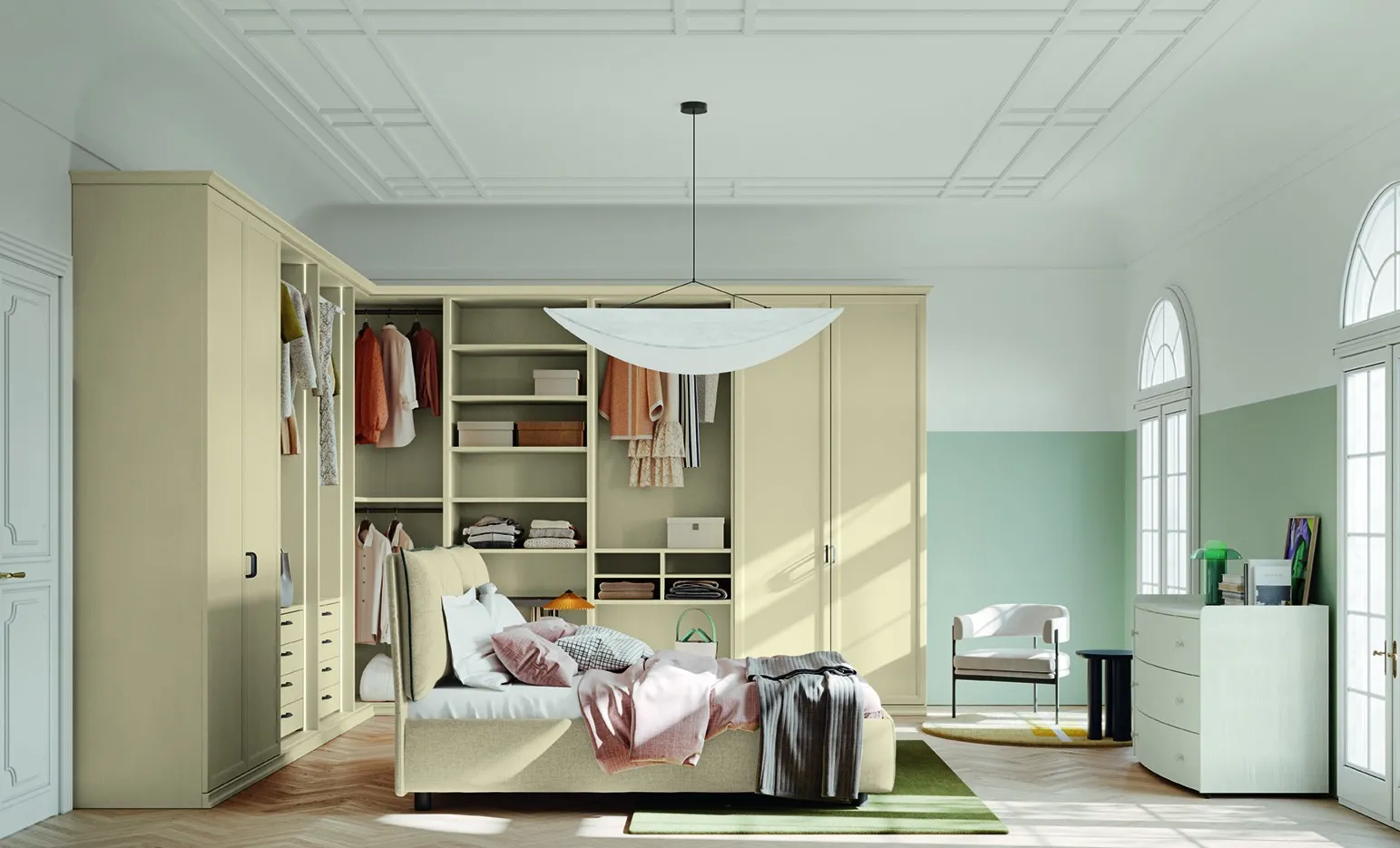 Camera Arcadia Mezzanotte AM002 Colombini con letto scuro, armadio bianco e comò Firenze