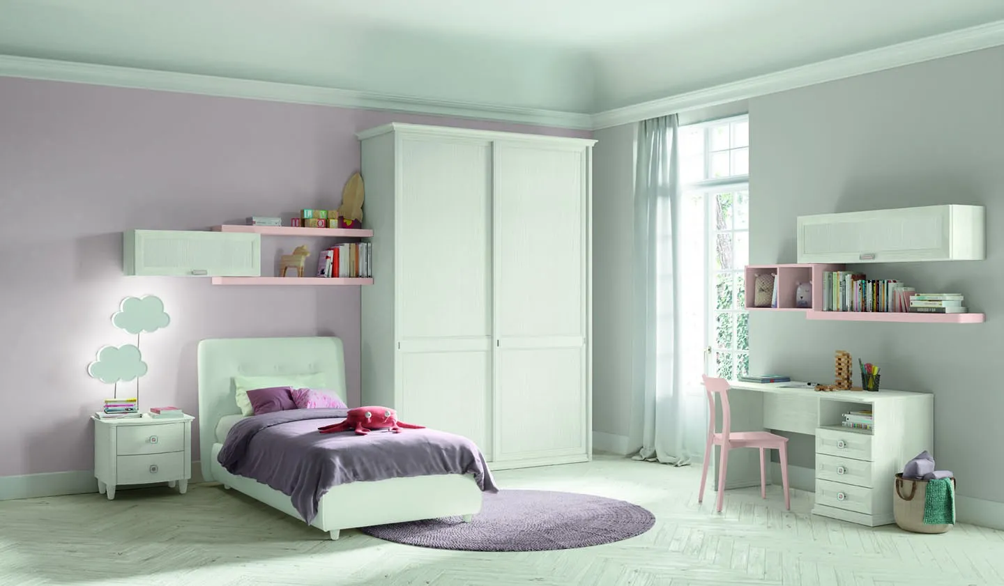 Cameretta Arcadia AC011 Colombini con letto singolo, mensole e mobili Vienna