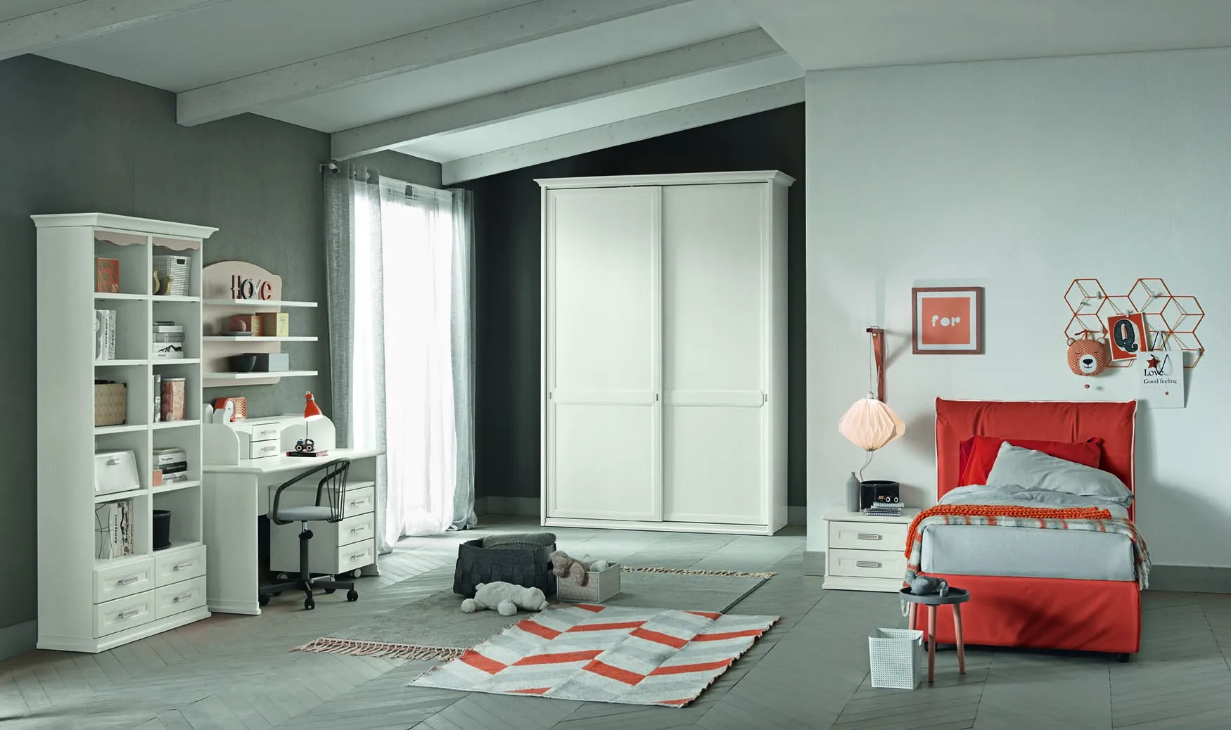 Cameretta Arcadia AC015 Colombini con letto rosso, libreria e mobili Woody