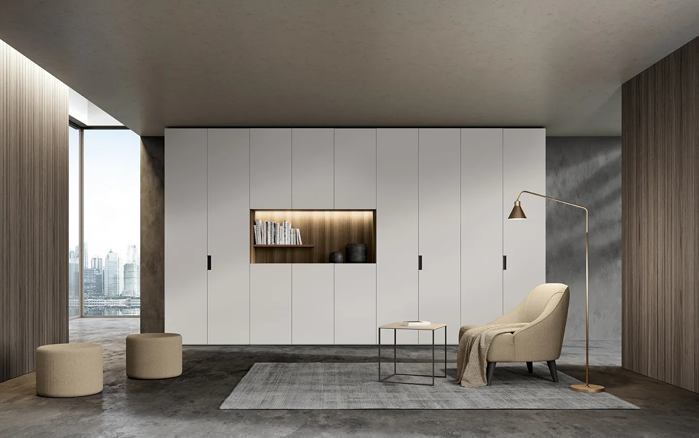 Parete armadio Concreta Colombini bianca con vano illuminato in legno