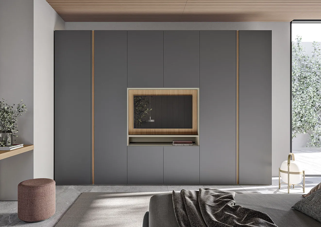 Armadio battente Cutting Plus Colombini grigio scuro con vano TV bordato in legno