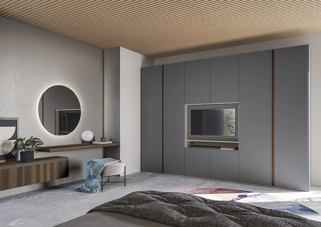 Armadio Cutting Plus Colombini grigio in camera con mensola sospesa e specchio rotondo
