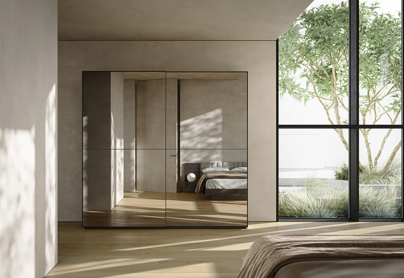 Armadio Duo Colombini con specchio bronzato davanti al letto