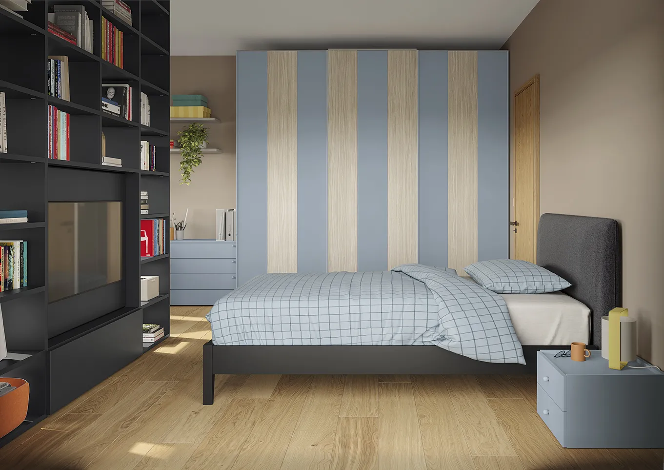 Armadio Riviera Colombini a righe celesti e legno in cameretta Young Space