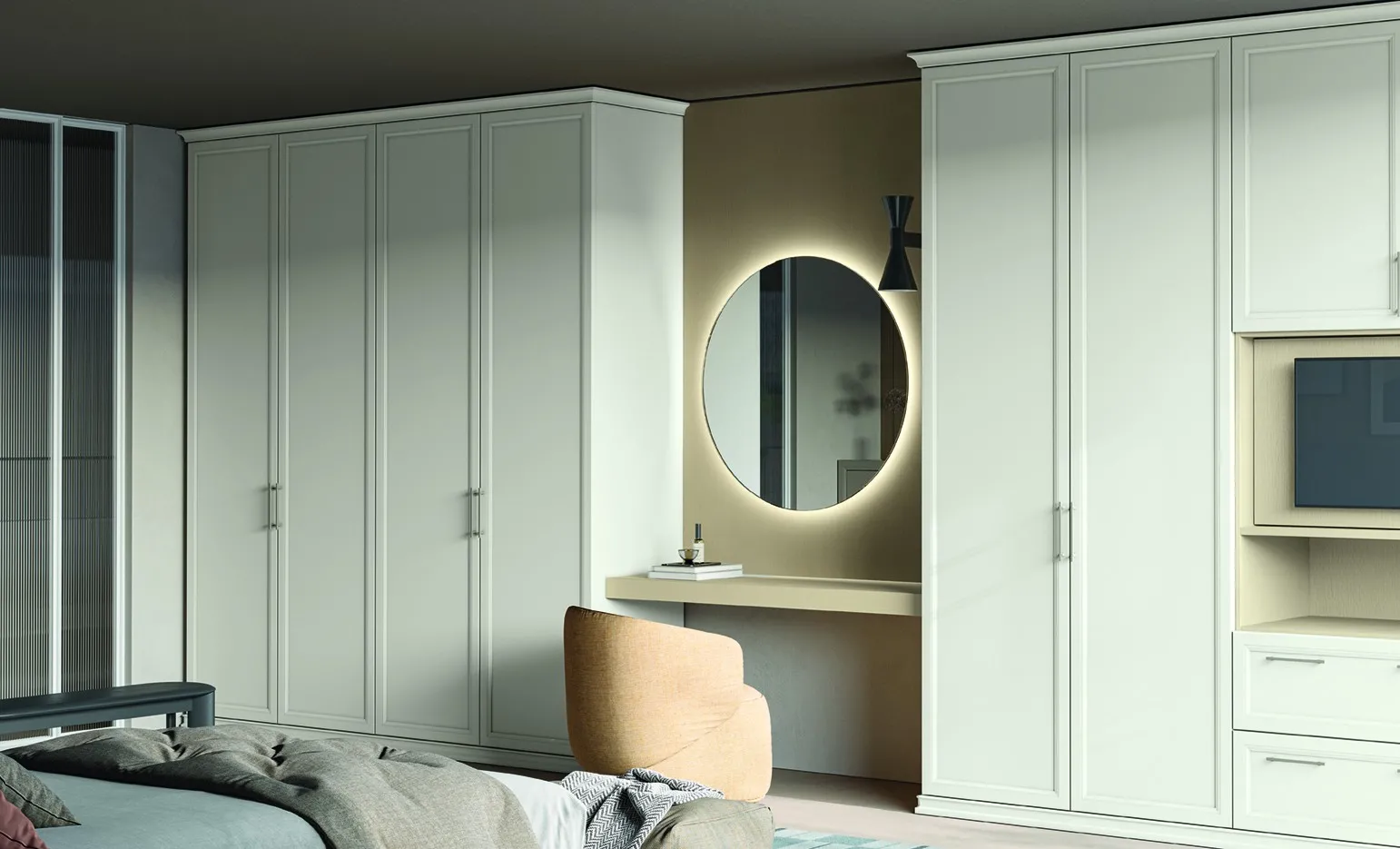 Armadio classico Arcadia Colombini bianco con vano toeletta e specchio rotondo illuminato
