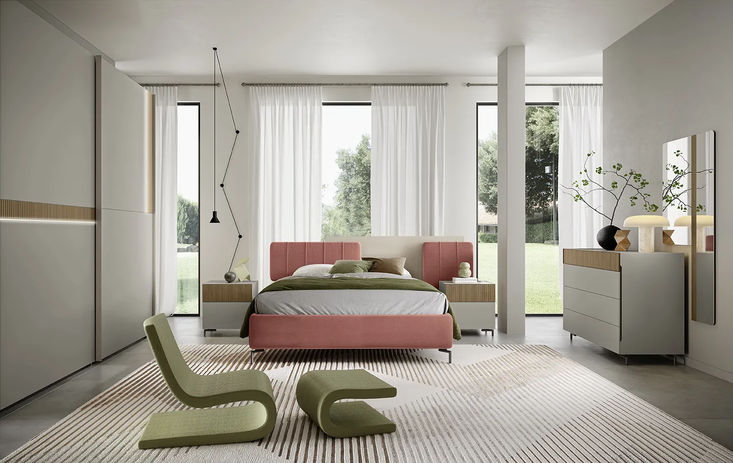 Camera da letto Notte di Stelle 01 Corso 11 con letto a cuscini rosa e comò tortora