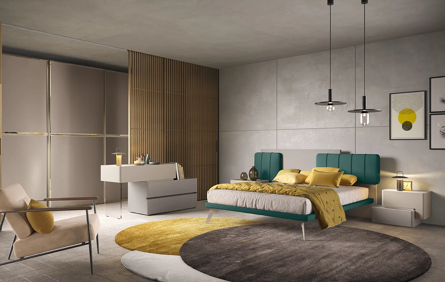 Camera da letto Notte di Stelle 05 Corso 11 con letto verde petrolio e armadio bronzo