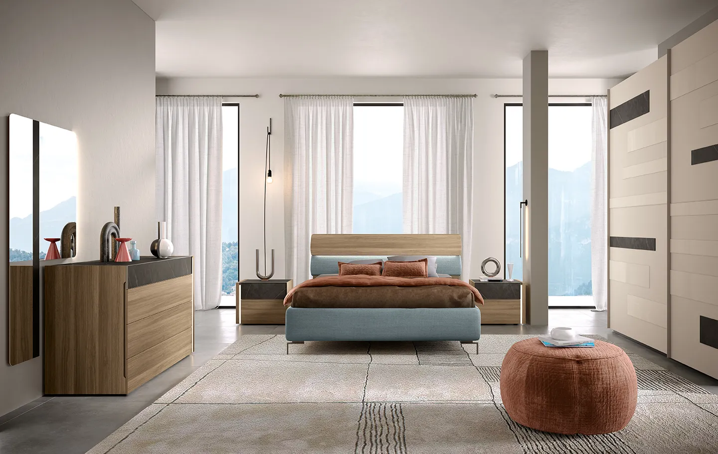 Camera da letto Notte di Stelle 07 Corso 11 con letto in legno e azzurro e comò in legno