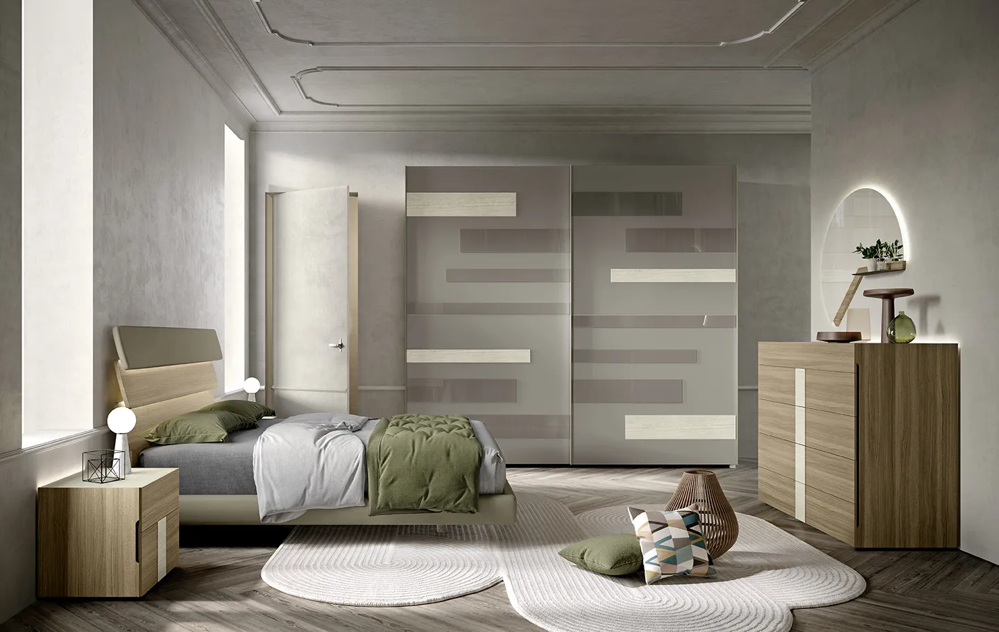 Camera da letto Notte di Stelle 18 Corso 11 con armadio grigio a pannelli e comò in legno