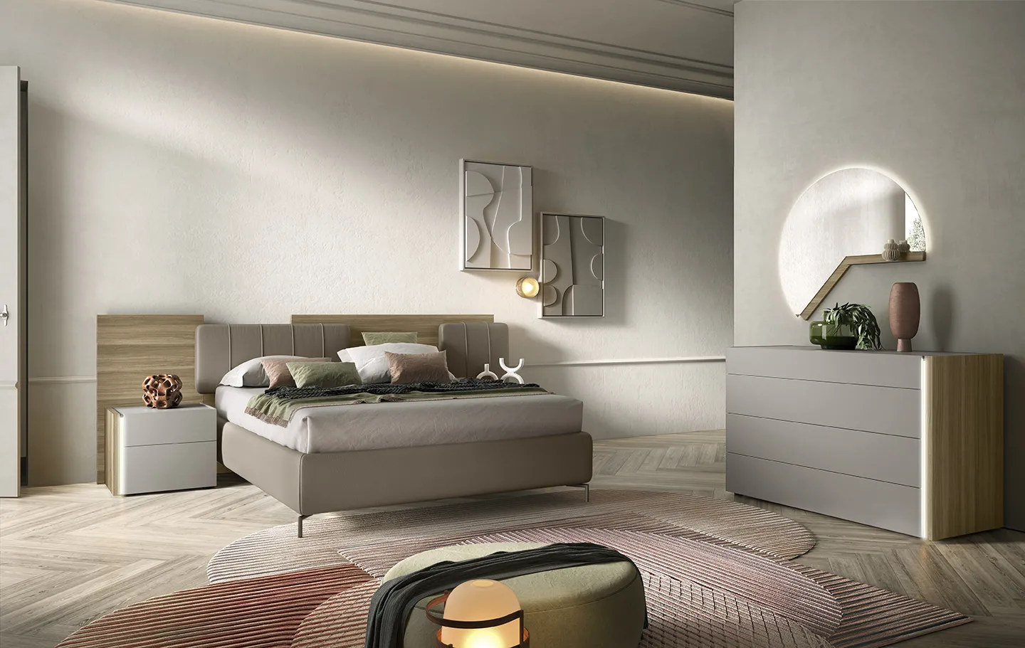 Camera da letto Notte di Stelle 19 Corso 11 con letto tortora e comò grigio chiaro