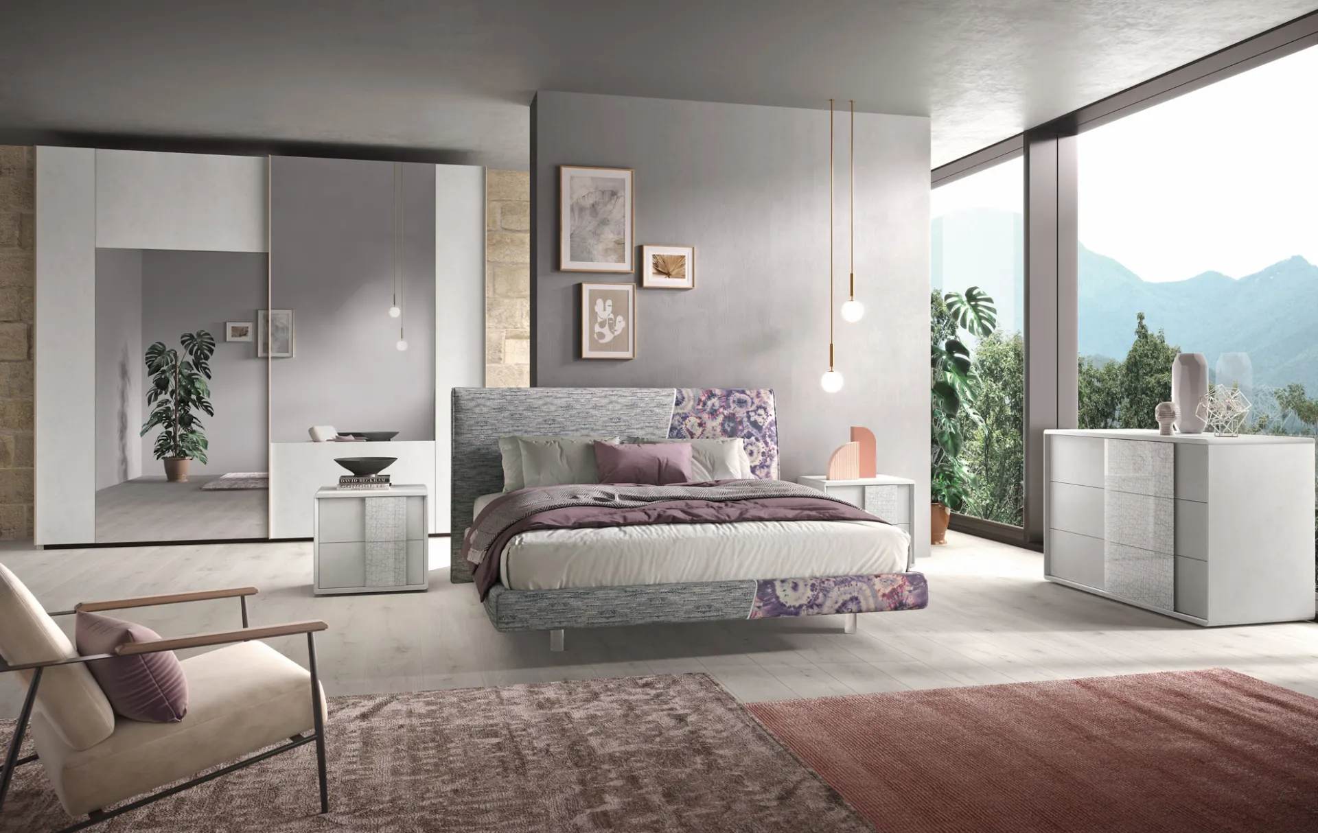 Camera Di Notte 02 Corso 11 con letto in tessuto grigio e floreale, comò bianco e armadio scorrevole