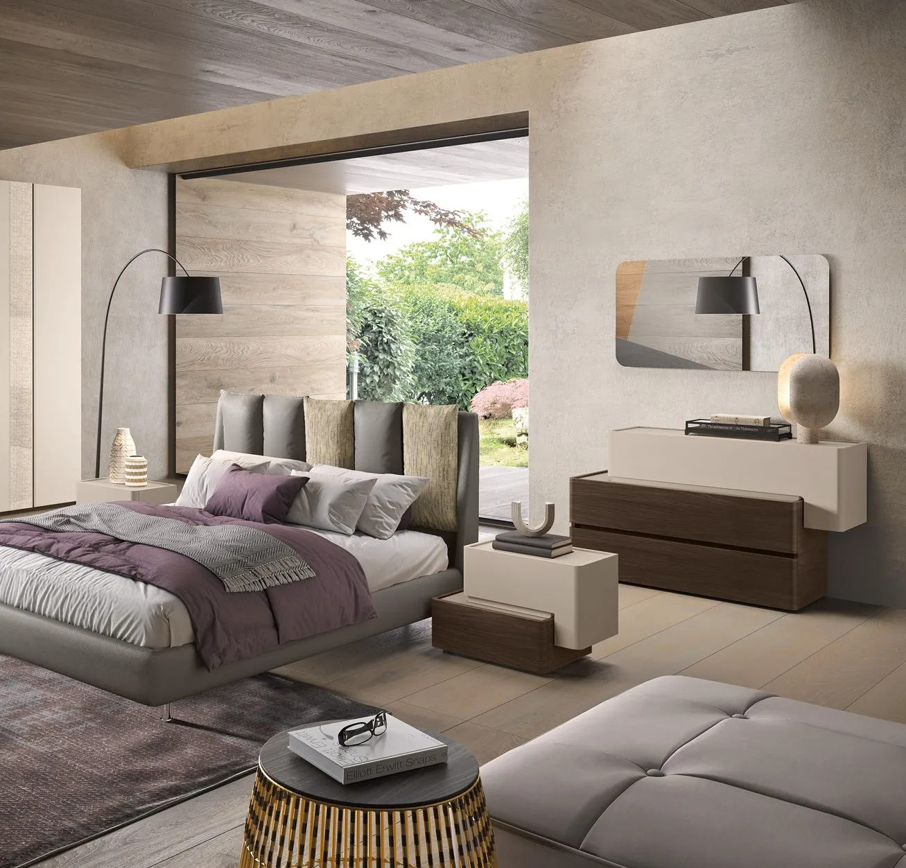 Camera Di Notte 04 Corso 11 con letto a testiera imbottita, comò sospeso in legno e specchio sagomato