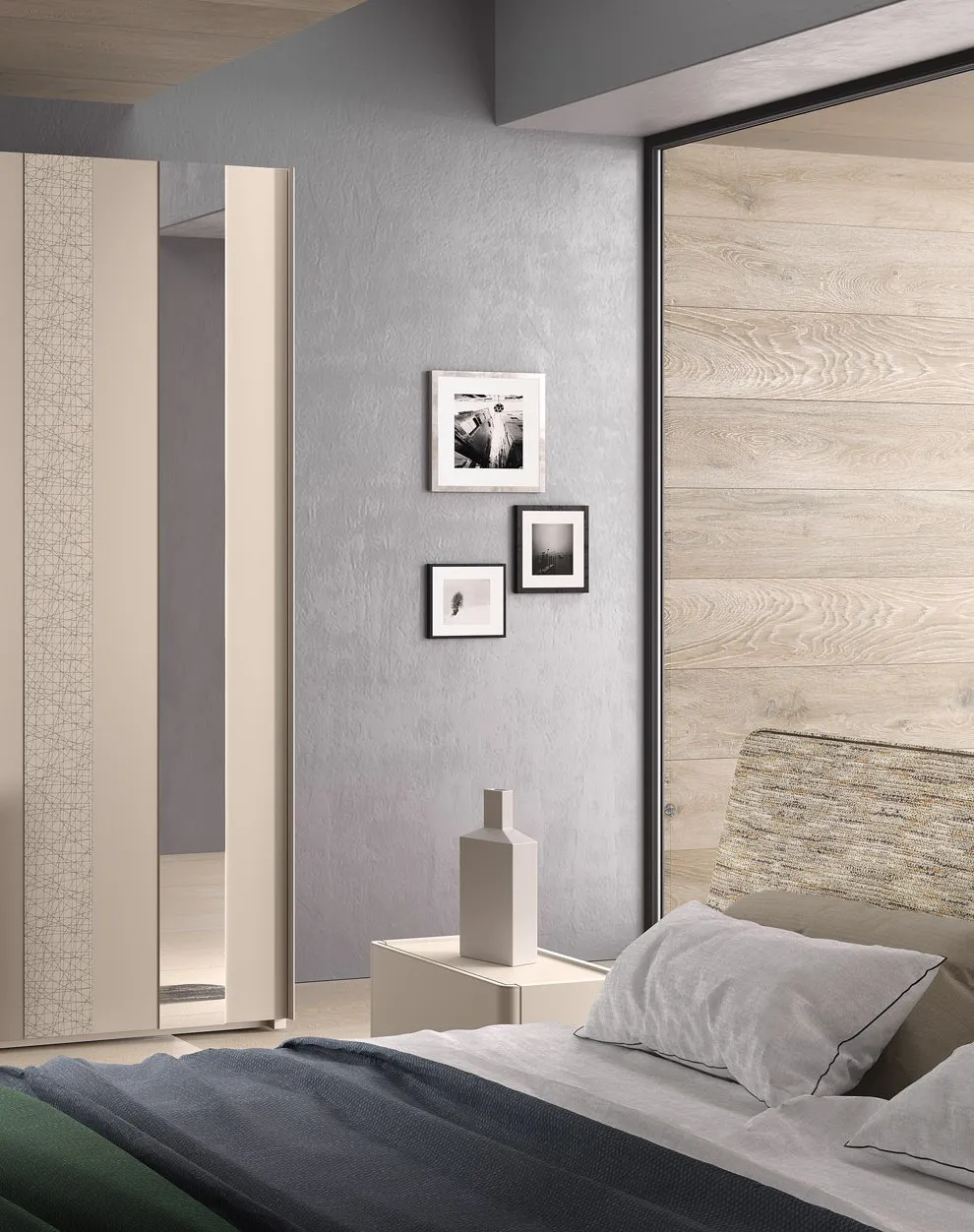 Anta scorrevole sabbia con fascia materica dell'armadio Di Notte 12 Corso 11 e letto in primo piano
