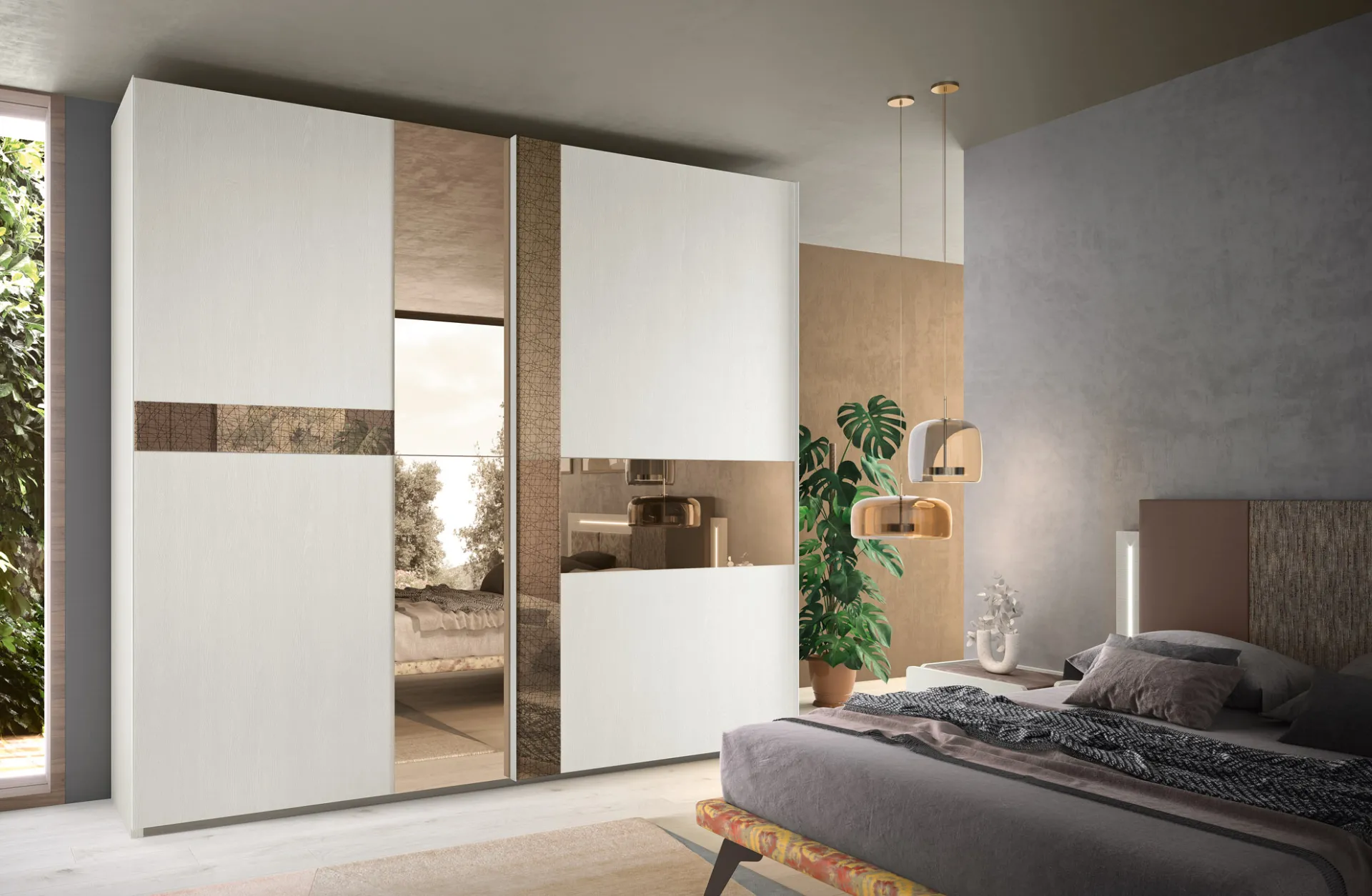 Armadio scorrevole bianco Di Notte 16 Corso 11 con fascia materica e specchi bronzo