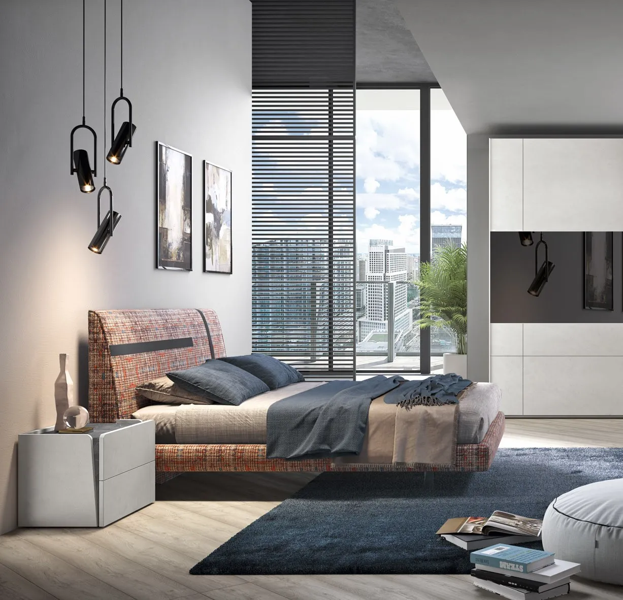 Letto in tweed multicolore e comodino grigio chiaro della camera Di Notte 20 Corso 11