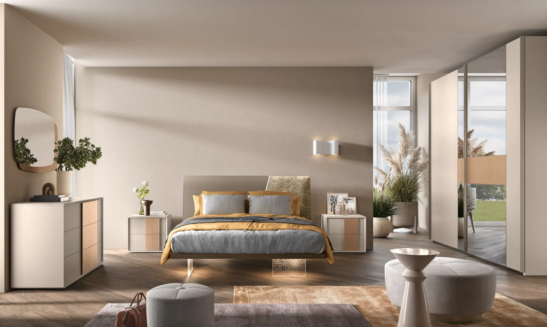 Camera Di Notte 32 Corso 11 con letto sospeso illuminato, comò con inserto in legno e specchio