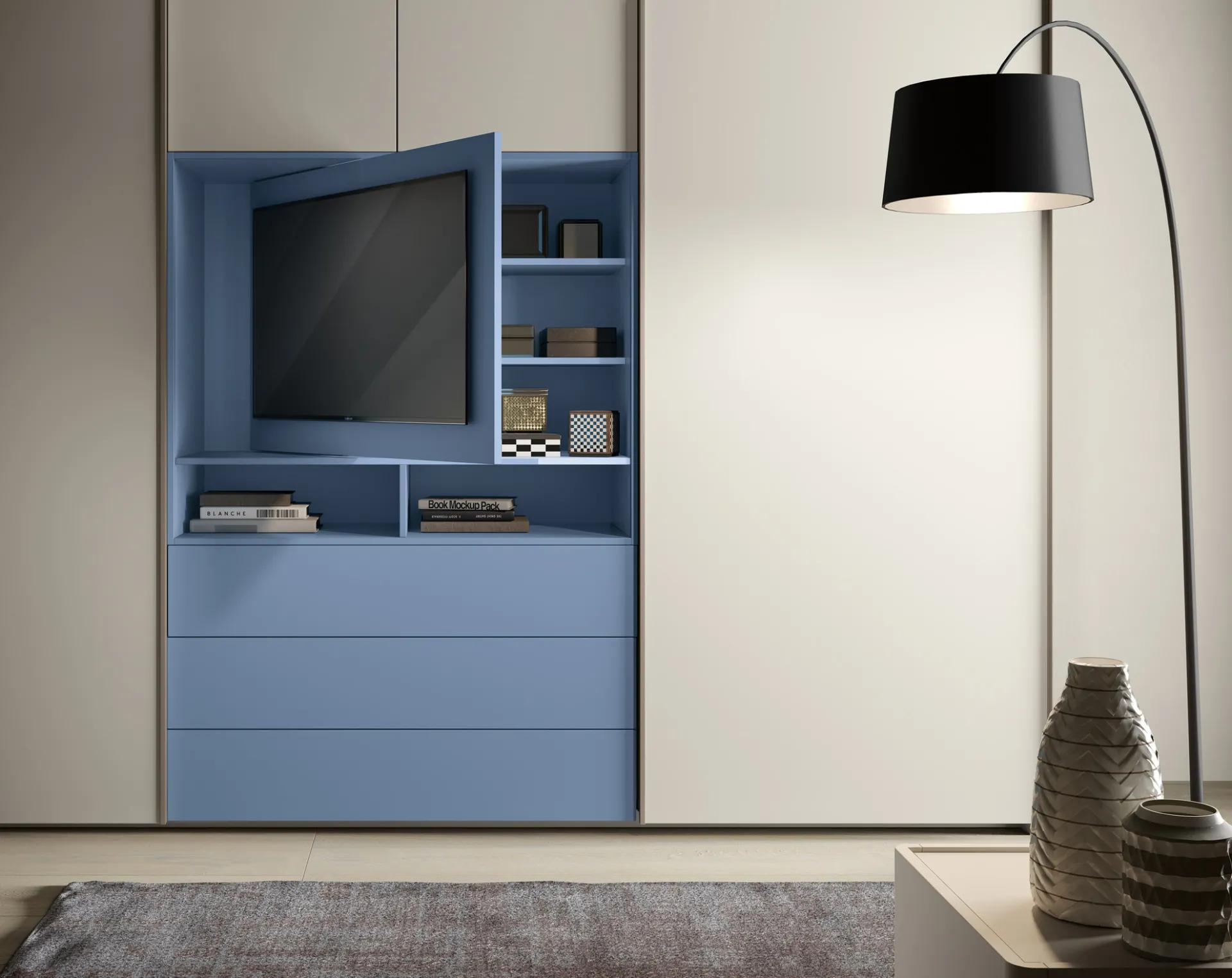 Armadio Di Notte 34 Corso 11 con ante sabbia e modulo azzurro con pannello TV orientabile