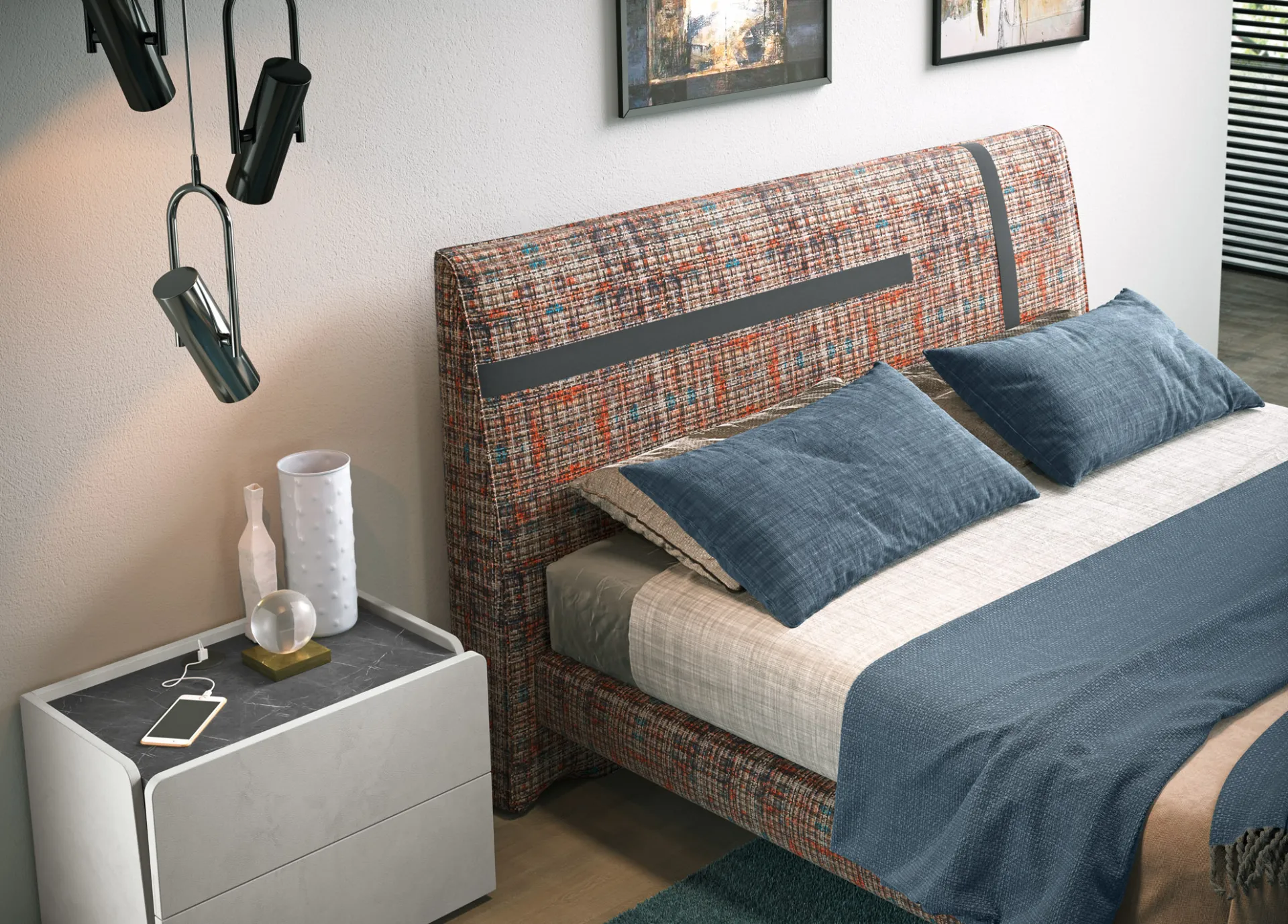 Letto in tweed e comodino effetto marmo della camera Di Notte 35 Corso 11