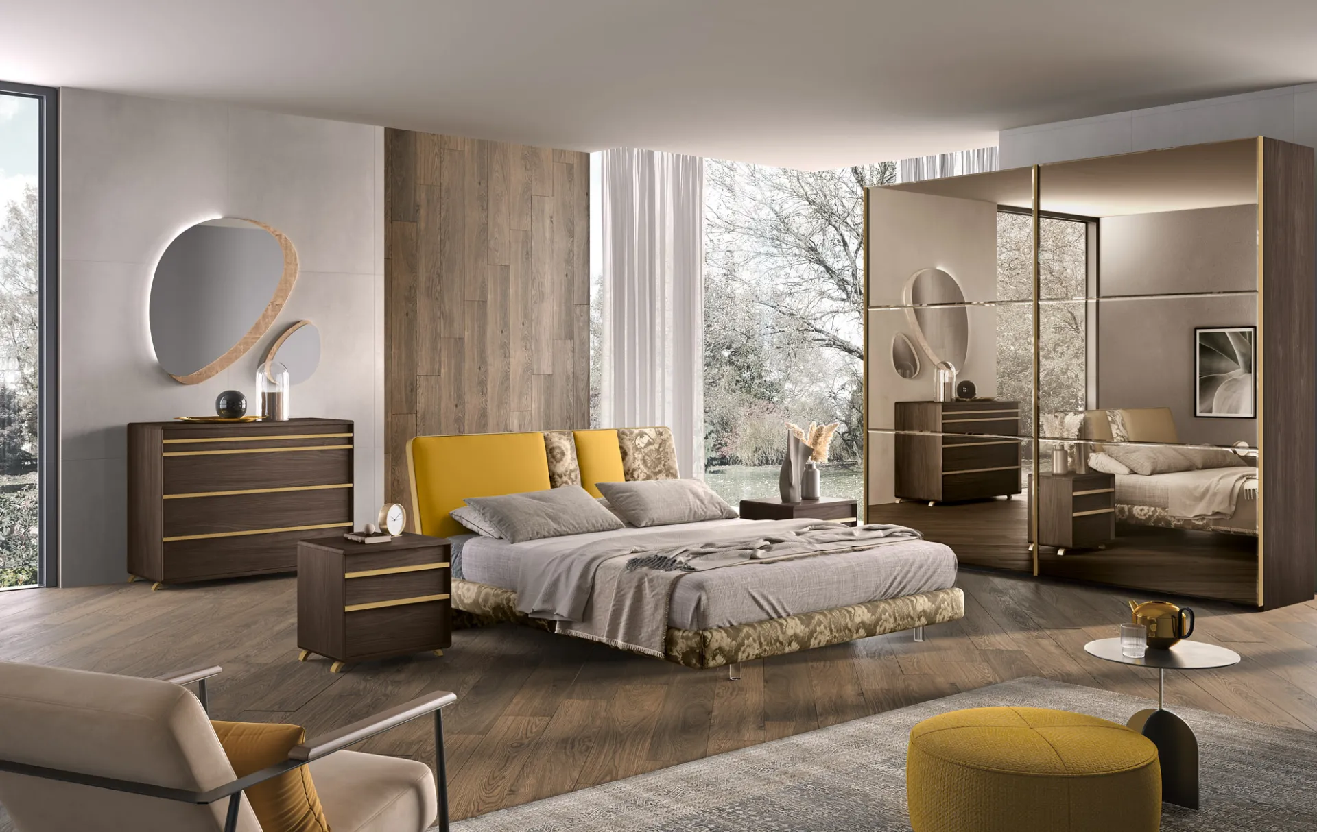 Camera Di Notte 48 Corso 11 con letto senape e floreale, comò in legno e armadio a specchio bronzo