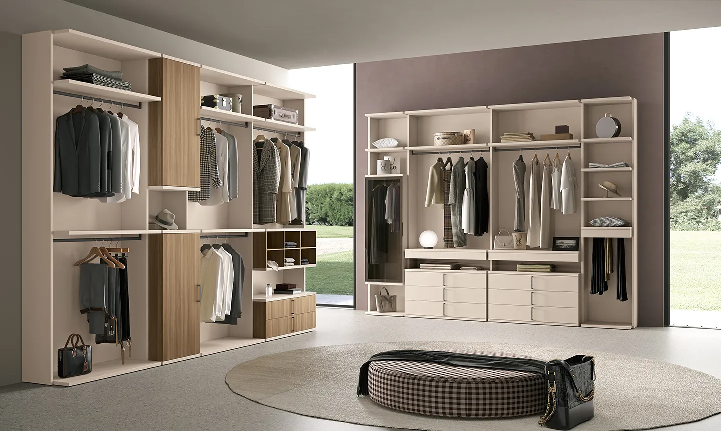 Cabina armadio L Corso 11 ad angolo, sabbia con ante in legno e cassettiere